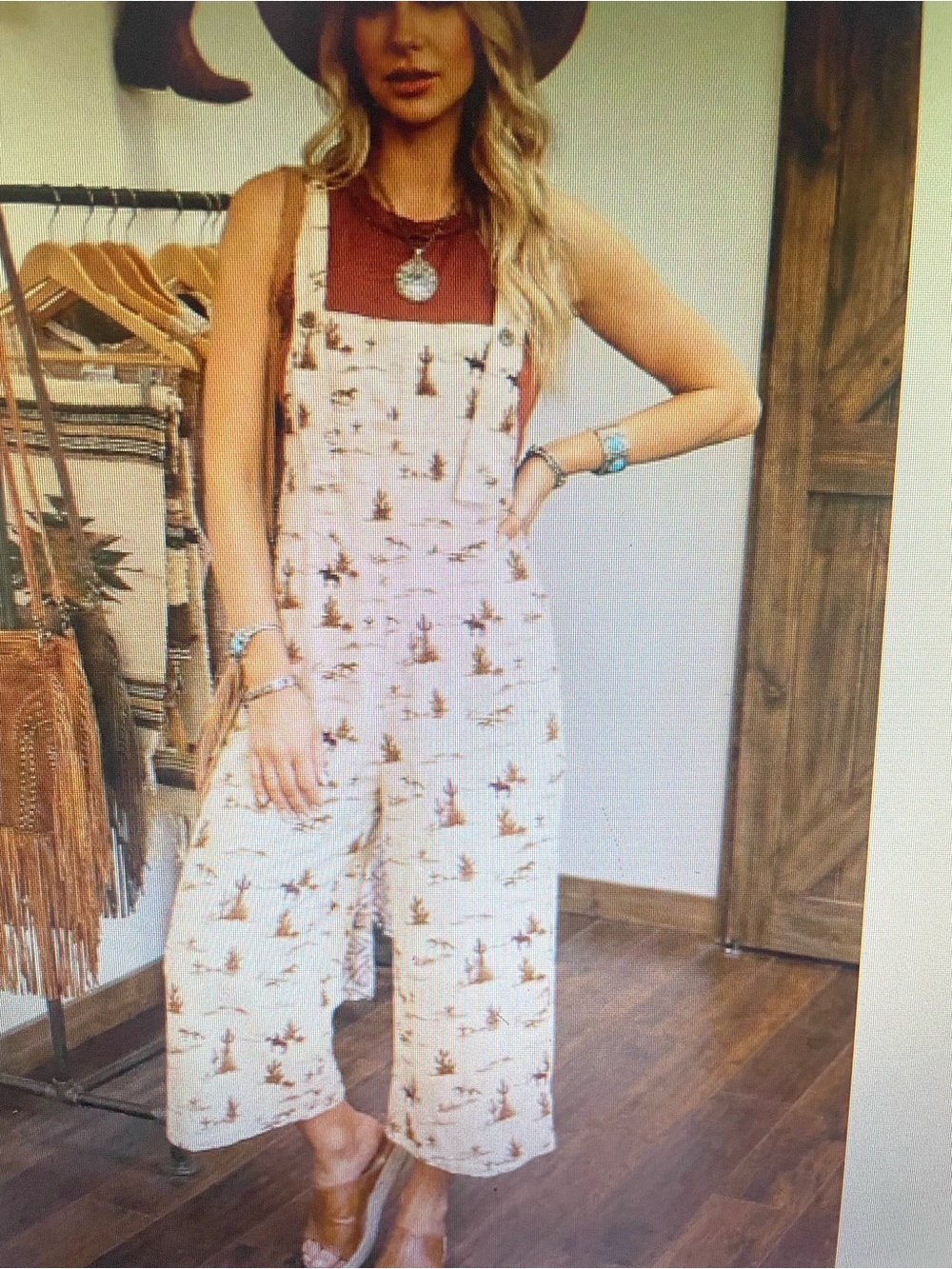 Woven Desert Print Crop Overalls in Cream
